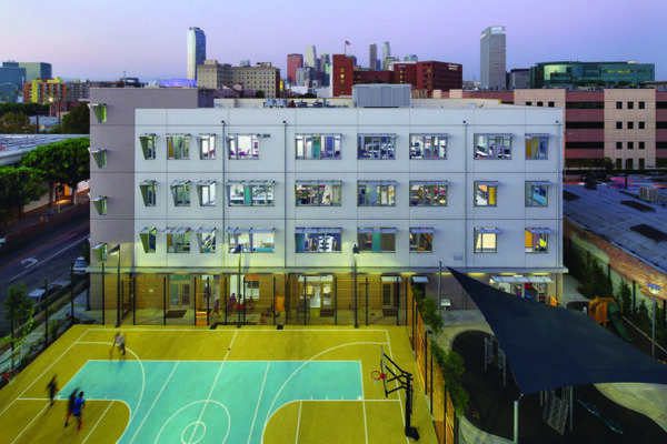 Hope Street Family Center, Los Angeles, CA; by Abode Communities; horizontal SW at sunset